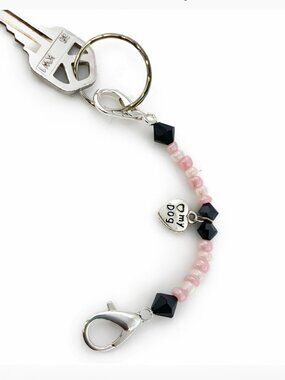 Dog Lover Beaded Key Keeper • Pink & Black Bead Charm • “My Dog” Heart Pendant